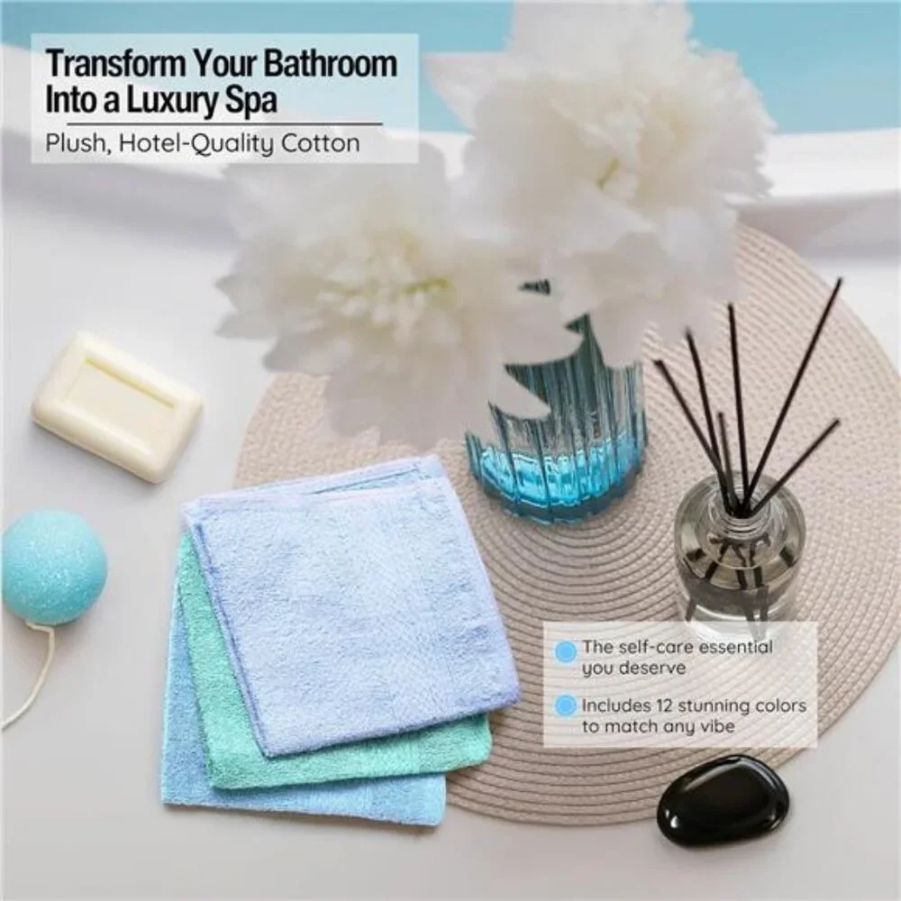 12 Pack Washcloths 13 Inch Cotton Face Towels Lint Free Soft Absorbent Bathroom